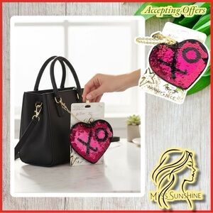 Betsey Johnson NEW - clip sequin retractable cord ID case - fuchsia black